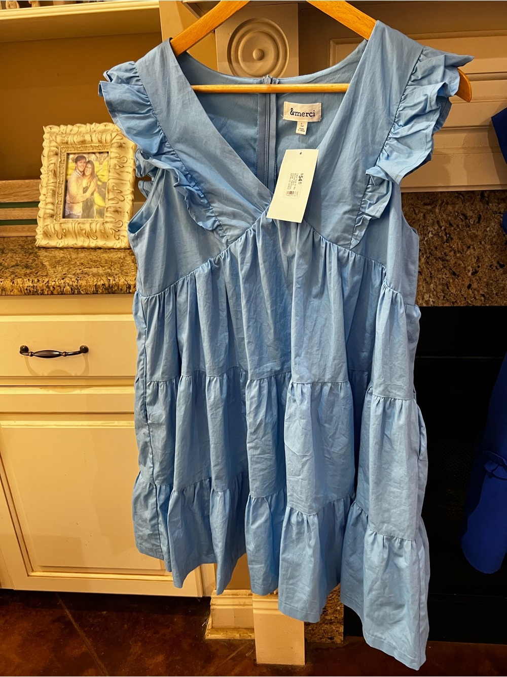 &merci Sky Blue Ruffle Tiered V-Neck Dress